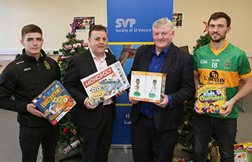 Pictured at the launch of #SaffronAid3 and the announcement that Antrim GAA clubs, including St Enda’s GAC in Glengormley, are to collect shoeboxes in support of SVP are (l-r) James McAuley of St Enda’s GAC, Collie Donnelly, Chairman of Antrim County Board, Archie Kinney, Regional Vice President of SVP and Conor McCann of Creggan GAC in Randalstown.