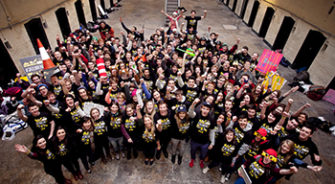 A big group of people in a photoshoot from above