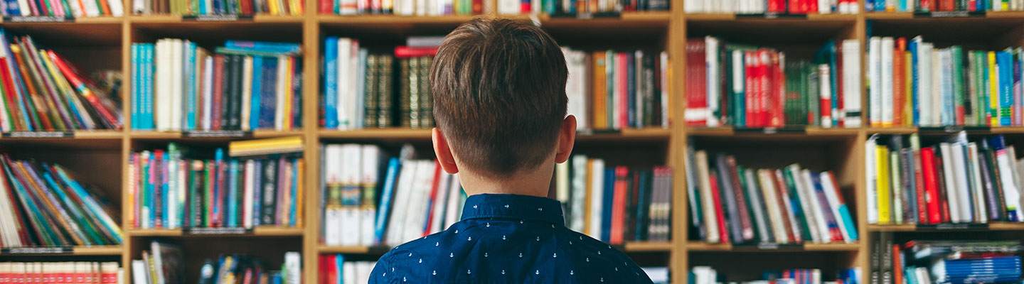A boy looking at books