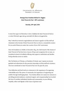 Message from President of Ireland Michael D Higgins