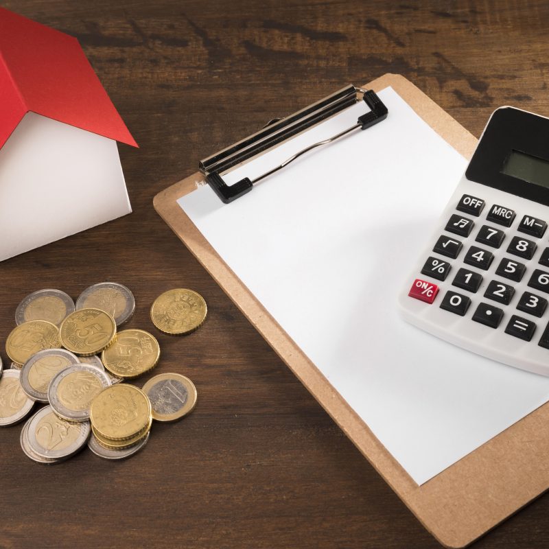 economy-calculation calculator, house and coins